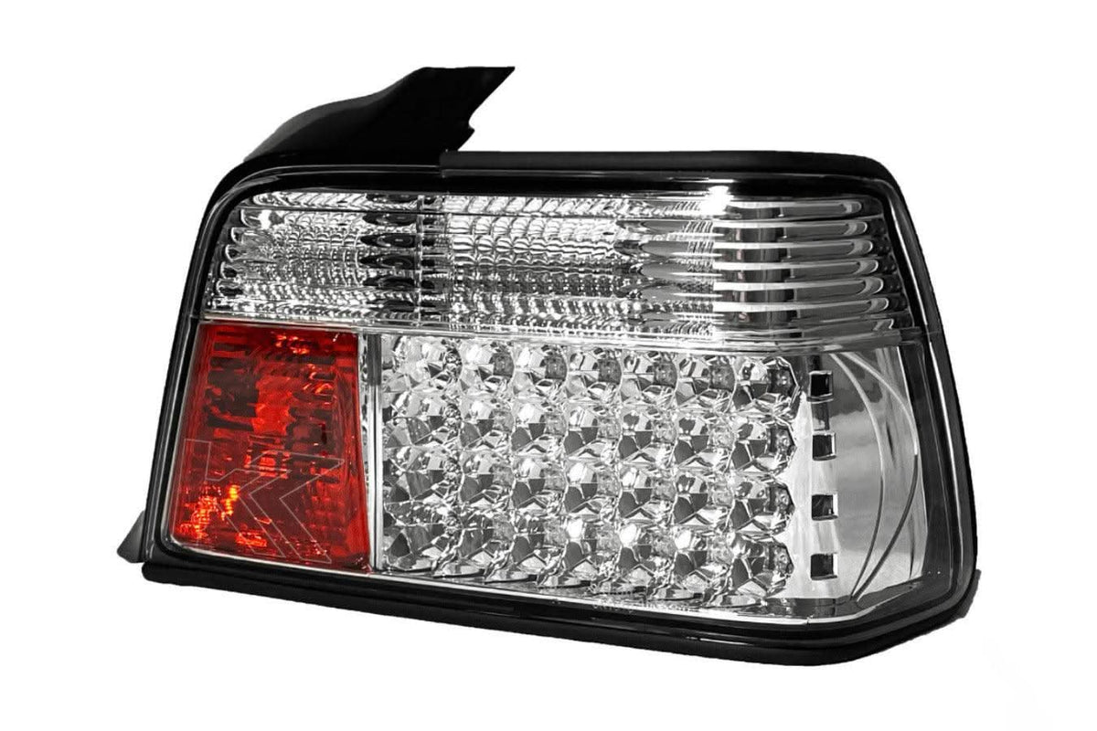 BMW 3-series E36 sedan chrome clear LED tail lights set by K2 Industries, showing the sleek design and LED elements.