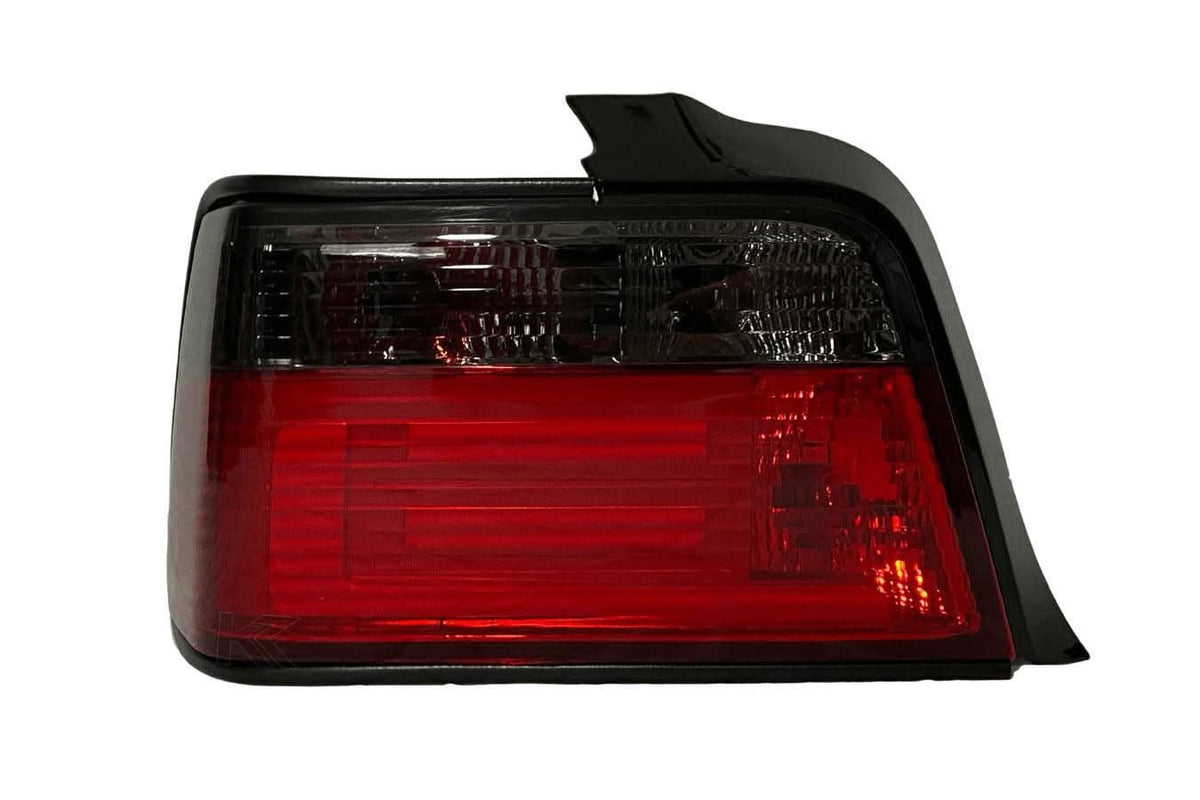 BMW 3 Series E36 sedan JDM LED bar tail lights in red and smoke for 1991-1998, by K2 Industries, showing rear view with LED design