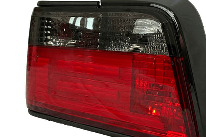 BMW 3 Series E36 sedan tail lights with red and smoke LED bar by K2 Industries, compatible with 1991-1998 models.