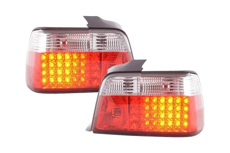 Red LED taillights set for BMW 3-series E36 Sedan (1991-1998) by K2 Industries, showing the rear view with illuminated LEDs.