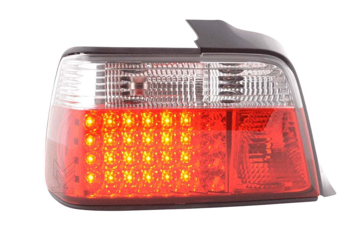 BMW 3-series E36 sedan red LED taillights set by K2 Industries, showing the sleek LED tail light design for 1991-1998 models.