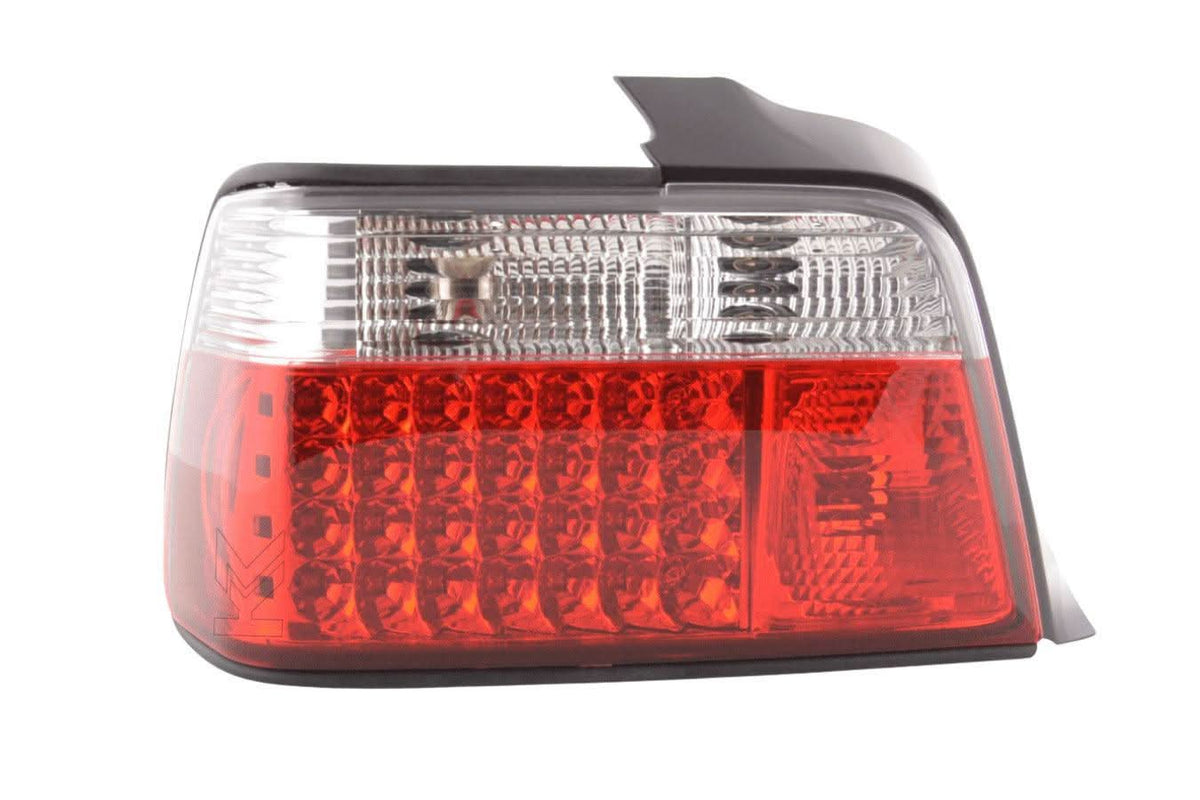Red LED taillights set for BMW 3-series E36 Sedan (1991-1998) by K2 Industries, showing the illuminated tail light assembly.