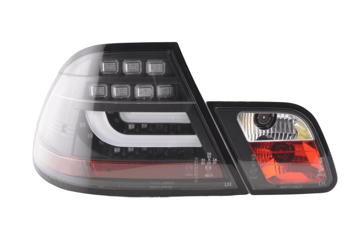 BMW 3-series E46 Coupe black LED tail lights set by K2 Industries, showing the sleek taillight assembly for 1999-2002 models.