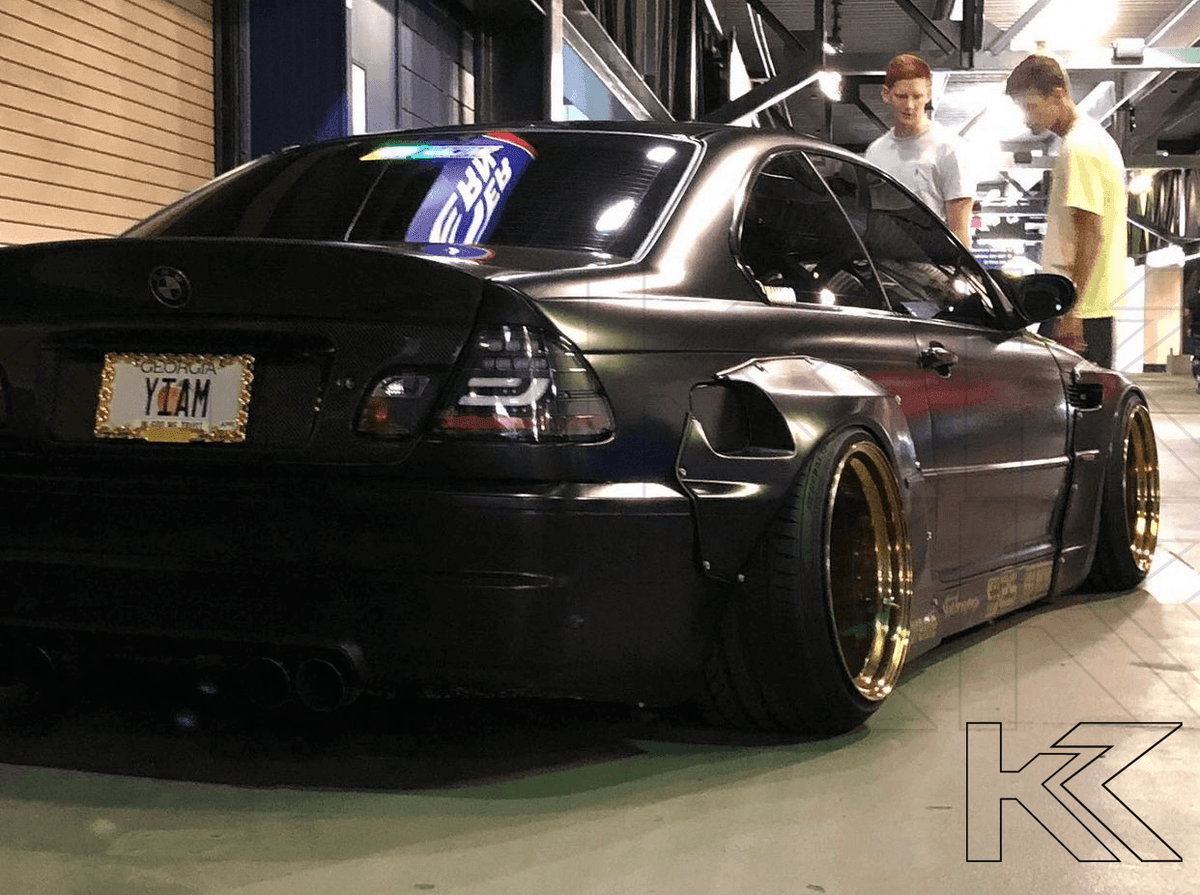 BMW 3-series E46 coupe black LED tail light set by K2 Industries, showing sleek taillights with illuminated LED lightbar.