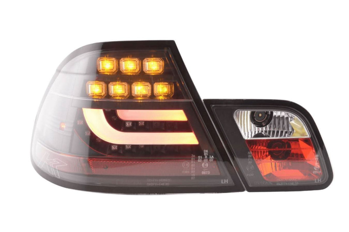 BMW 3-series E46 Coupe black LED lightbar taillights set by K2 Industries, showing sleek tail light assembly for 1999-2002.