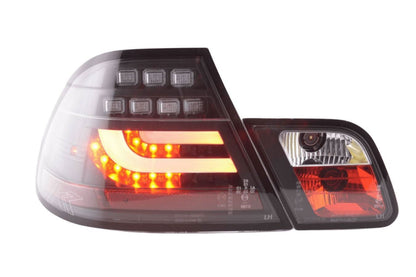 BMW 3-series E46 Coupe black LED tail light set by K2 Industries, featuring sleek taillights for 1999-2002 models.