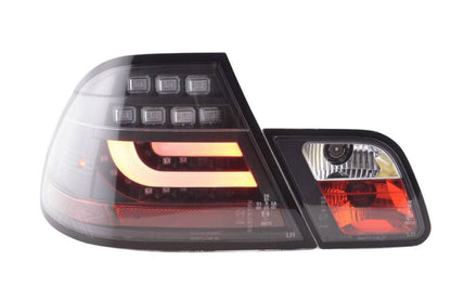 BMW 3-series E46 Coupe black LED taillights set by K2 Industries, showing the sleek tail light design for 1999-2002 models.