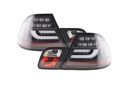 BMW 3-series E46 Coupe black LED taillights set by K2 Industries, featuring sleek tail light design for 1999-2002 models.