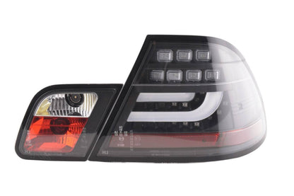BMW 3-series E46 Coupe black LED tail light set by K2 Industries, featuring sleek lightbar design for 1999-2002 models.