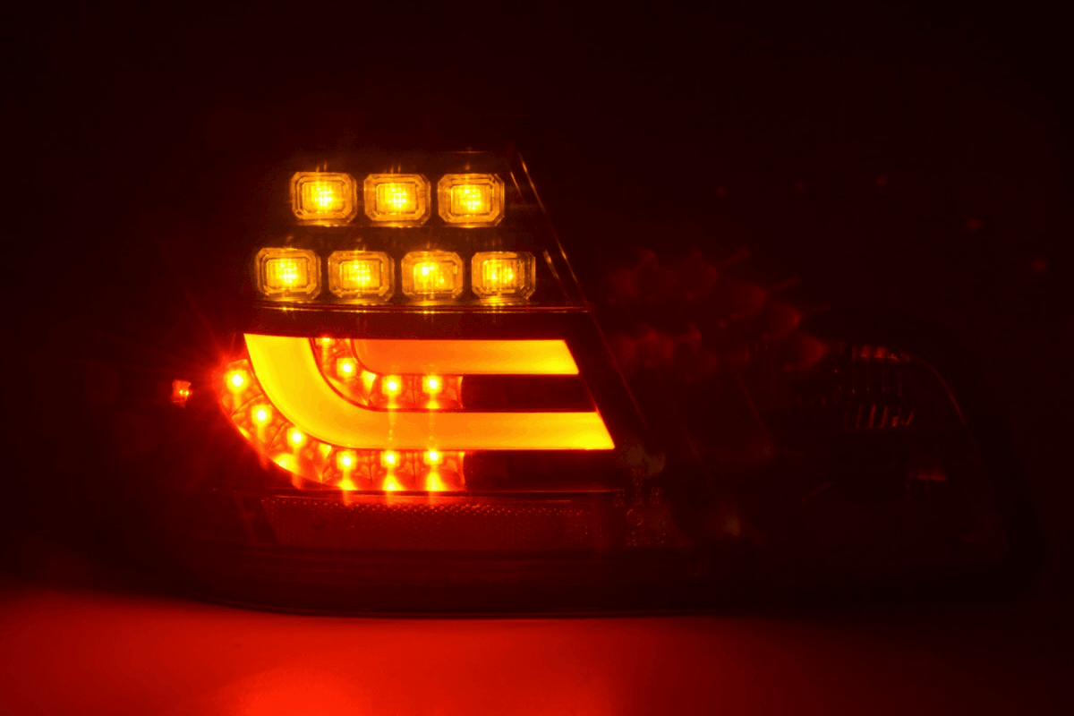 BMW 3-series E46 Coupe black LED tail light set by K2 Industries, showing sleek taillights with LED lightbar design, for 1999-2002 models.