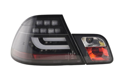BMW 3-Series E46 Coupe black LED tail light set by K2 Industries, featuring sleek taillights for 2003-2007 models.