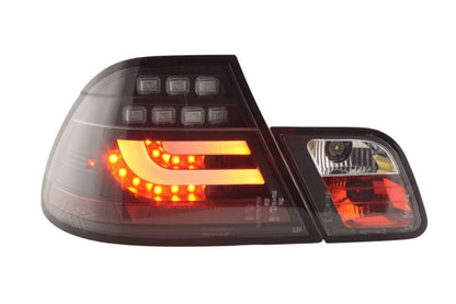 BMW 3-series E46 Coupe tail lights with black LED lightbar set by K2 Industries, showing the sleek taillight design for 2003-2007.