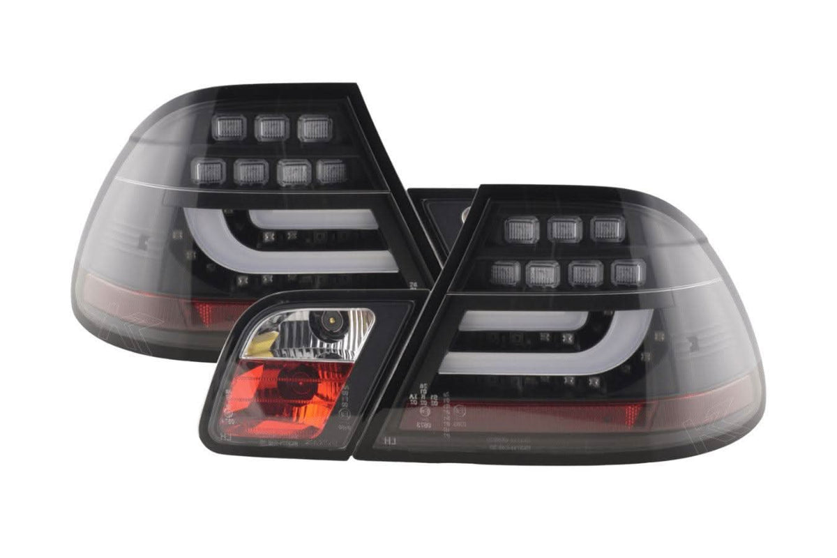 BMW 3-series E46 Coupe black LED tail light set by K2 Industries, featuring sleek taillights for 2003-2007 models.