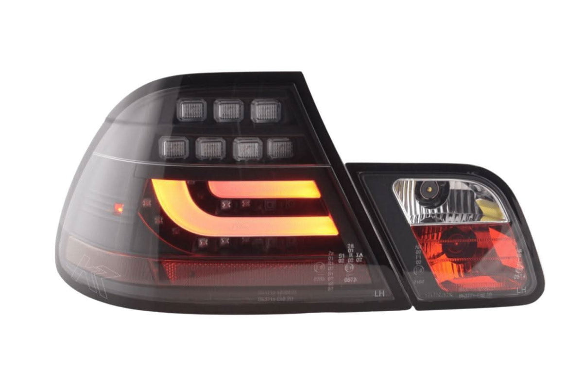 BMW 3-series E46 Coupe black LED taillights set by K2 Industries, showing the sleek tail light design for 2003-2007 models.