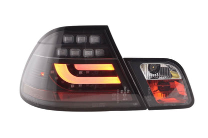 BMW 3-series E46 Coupe black LED taillights set by K2 Industries, showing the sleek tail light design for 2003-2007 models.