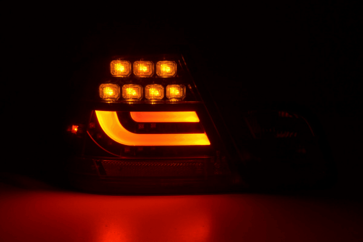 BMW 3-series E46 Coupe black LED tail lights set by K2 Industries, showing the sleek taillight assembly for 2003-2007 models.