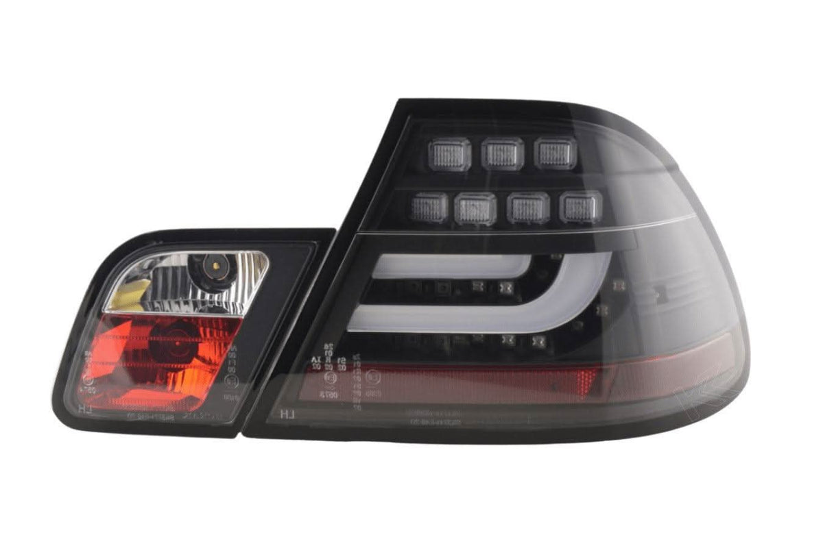 BMW 3-Series E46 Coupe tail lights with black LED light bar set by K2 Industries, for models 2003-2007.