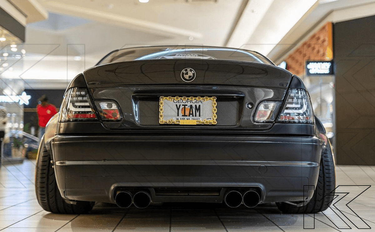 BMW 3-series E46 coupe black LED tail lights set by K2 Industries, showing the sleek taillight design for model years 2003-2007.