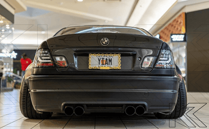 BMW 3-series E46 coupe black LED tail lights set by K2 Industries, showing the sleek taillight design for model years 2003-2007.