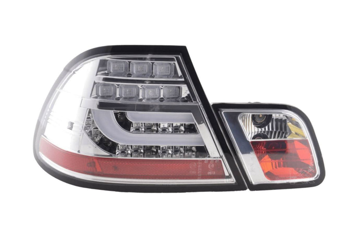 BMW 3 Series E46 Coupe tail lights set with chrome clear LED lightbar by K2 Industries, for model years 1999-2003.