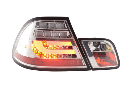 BMW 3-series E46 Coupe tail lights set with chrome and clear LED lightbar by K2 Industries, for 1999-2003 models.