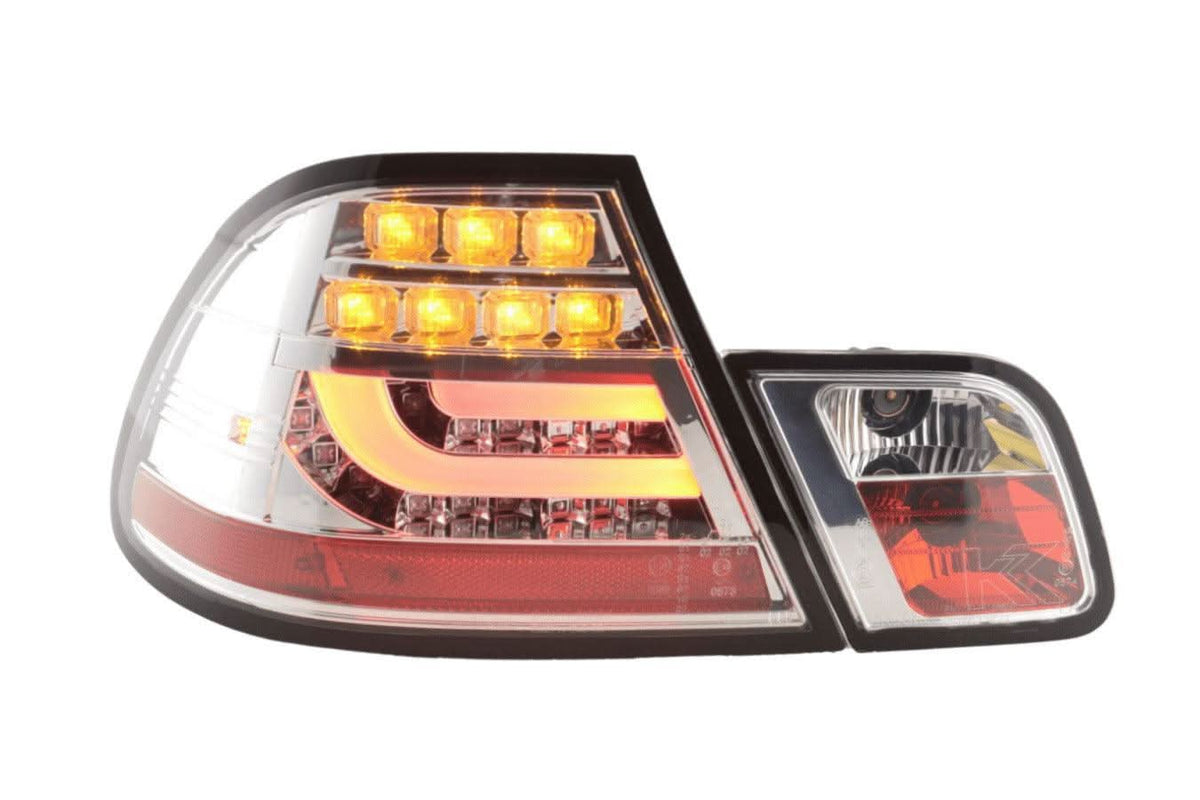 BMW 3 Series E46 Coupe chrome clear LED taillights set by K2 Industries, showing sleek tail light design for 1999-2003 models.