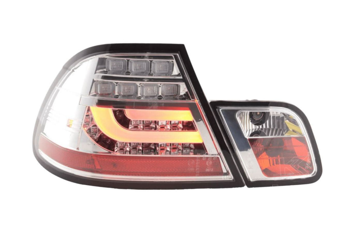 BMW 3-series E46 Coupe tail lights set with chrome and clear LED lightbar, compatible with 1999-2003 models by K2 Industries