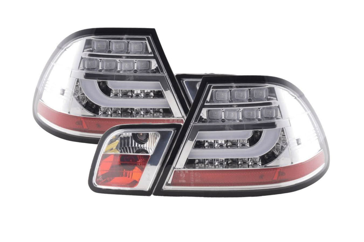 BMW 3-series E46 Coupe chrome clear LED taillights set by K2 Industries, showing the sleek tail light design for 1999-2003 models.