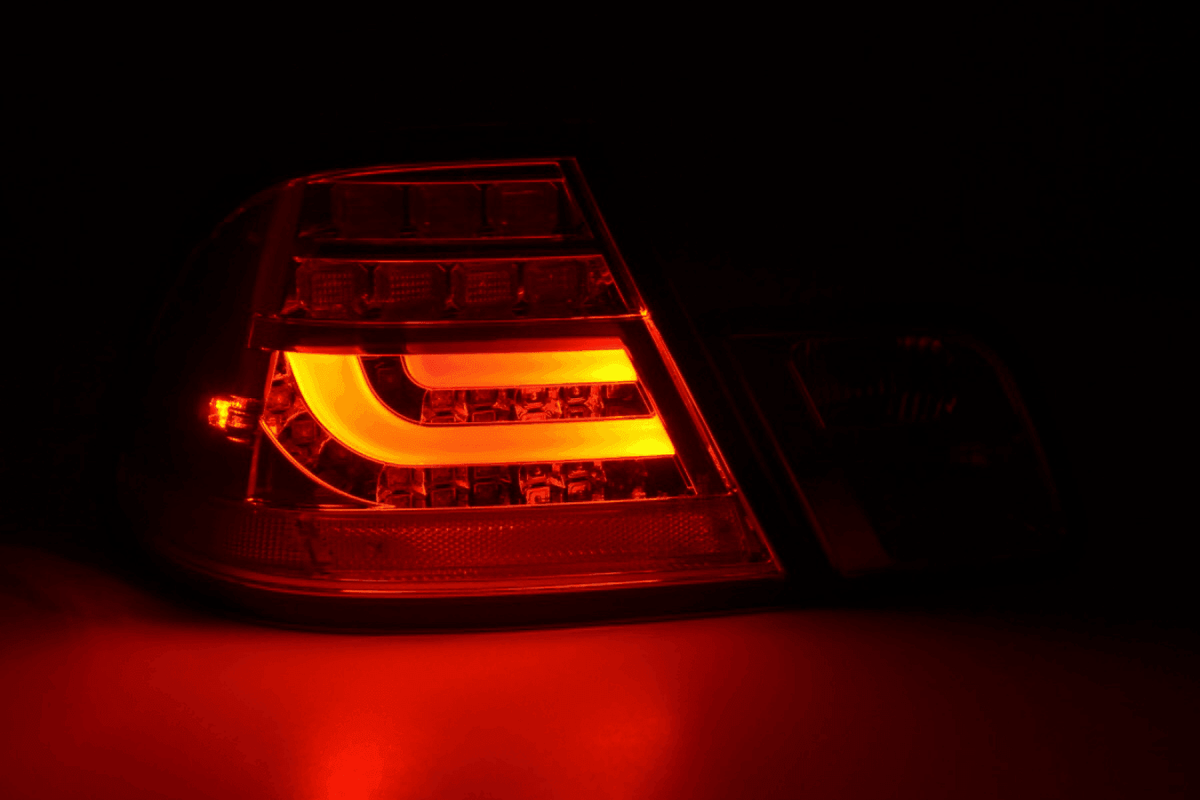 BMW 3 Series E46 Coupe chrome clear LED tail lights set by K2 Industries, for 1999-2003 models, showing sleek taillight design