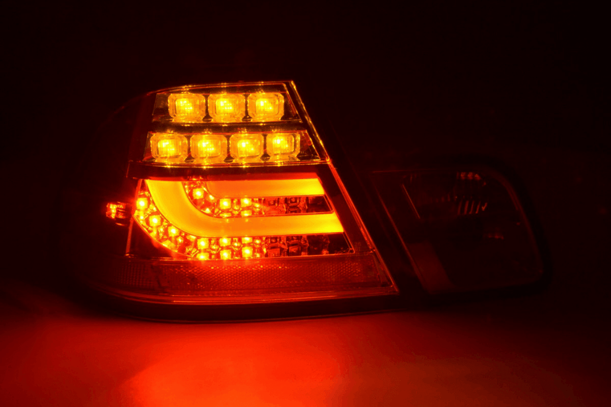 BMW 3-Series E46 coupe chrome clear LED tail light set by K2 Industries, showing sleek taillight design for model years 1999-2003