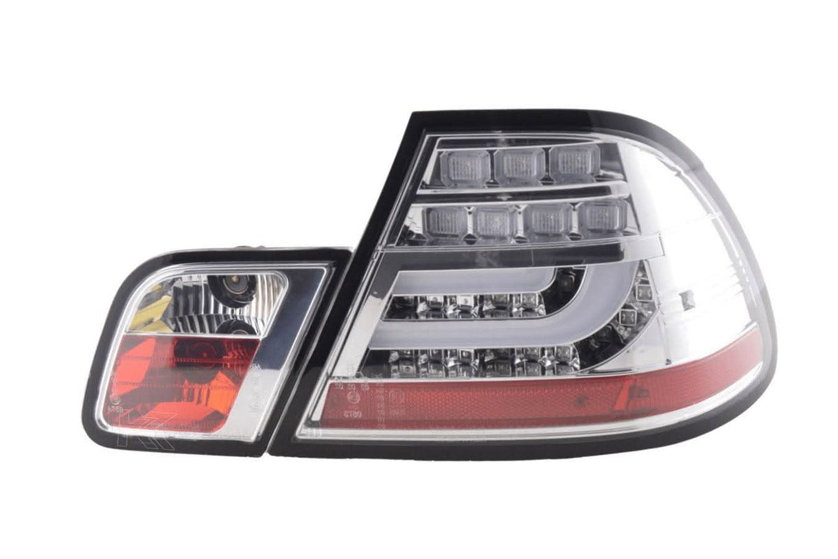 BMW 3-series E46 Coupe tail lights set with chrome clear LED lightbar by K2 Industries, compatible with 1999-2003 models.