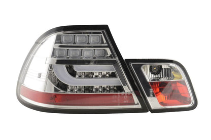 BMW 3-Series E46 Coupe chrome clear LED taillights set for facelift model, featuring sleek design by K2 Industries.