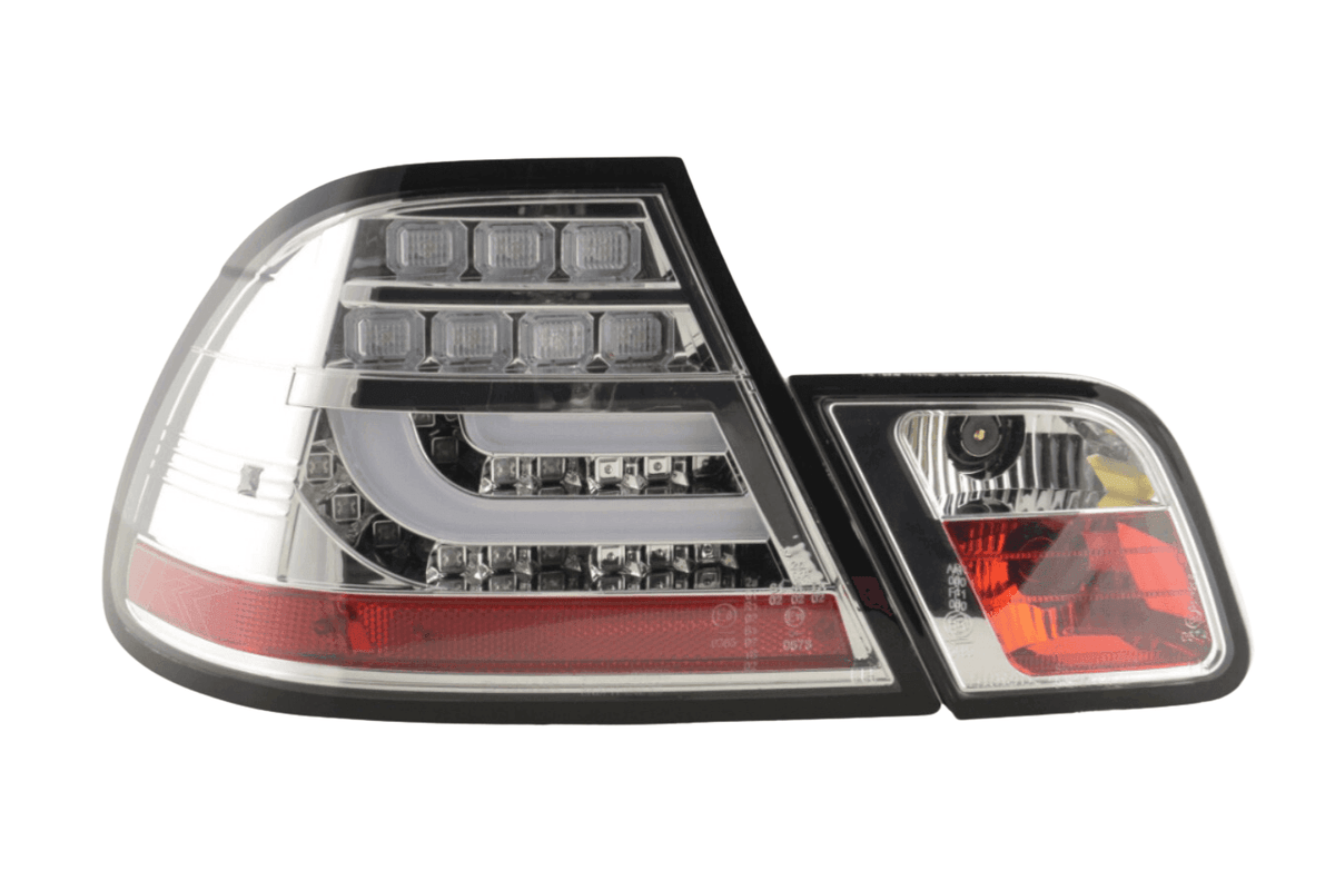 BMW 3-Series E46 Coupe chrome clear LED tail lights set for facelift model (2003-2007) by K2 Industries, showing the stylish lightbar design.