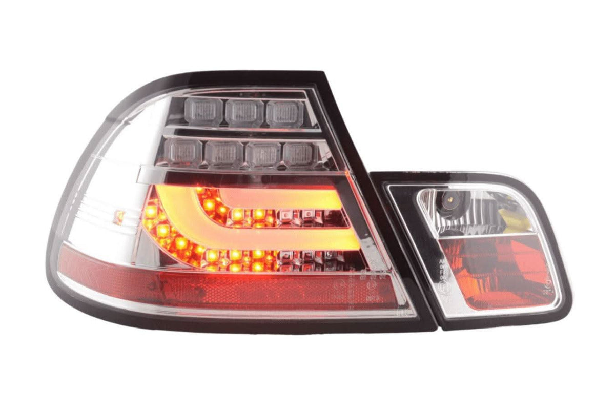 BMW 3-Series E46 Coupe tail lights set with chrome clear LED lightbar, facelift model from 2003 to 2007, by K2 Industries.