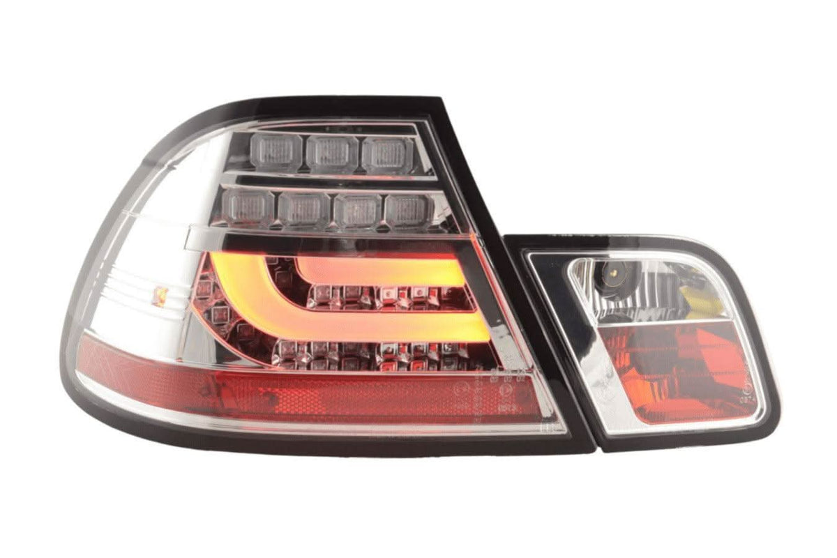 BMW 3-Series E46 coupe chrome clear LED taillights set for facelift models, featuring sleek design and bright LED illumination.