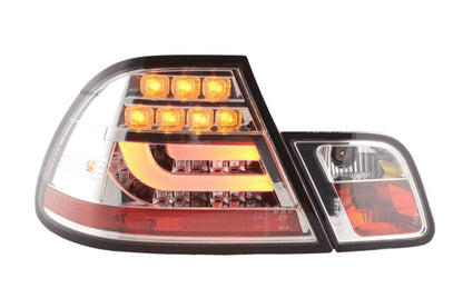 BMW 3-Series E46 Coupe chrome clear LED taillights set for facelift model, featuring modern lightbar design by K2 Industries.