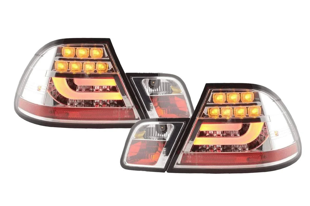 BMW 3-Series E46 Coupe chrome clear LED taillights set, facelift model 2003-2007, by K2 Industries, showing the rear light assembly.
