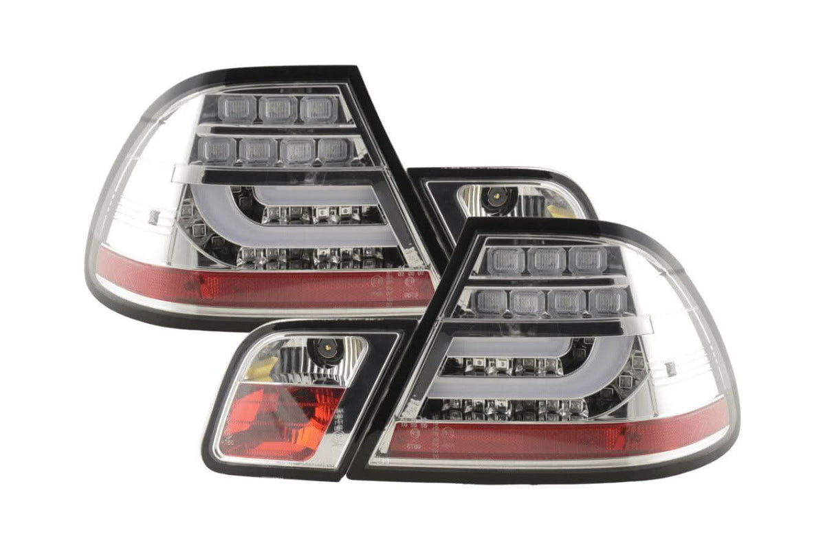 BMW 3-Series E46 Coupe chrome clear LED taillights set from K2 Industries, facelift model 2003-2007, showing the tail light assembly.