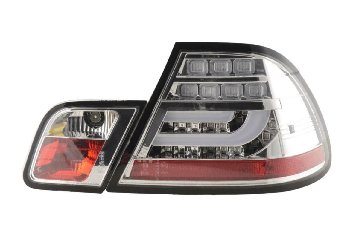 BMW 3-Series E46 Coupe chrome clear LED tail lights set by K2 Industries, featuring modern LED lightbar design for facelift models 2003-2007.