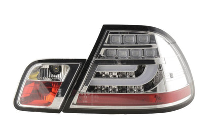 BMW 3-Series E46 Coupe chrome clear LED tail lights set by K2 Industries, featuring modern LED lightbar design for facelift models 2003-2007.