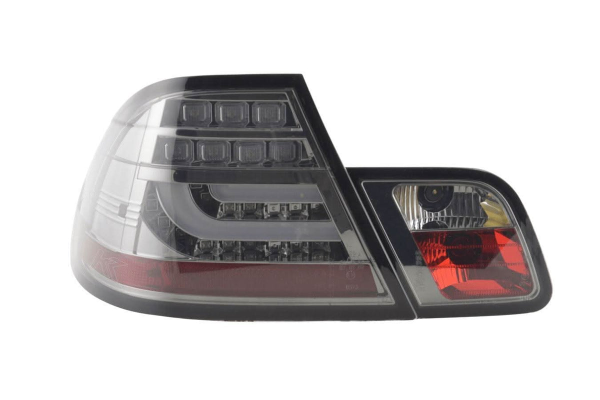 BMW 3-series E46 coupe chrome smoked LED tail lights set by K2 Industries, for 1999-2002 model with sleek smoked lens design.