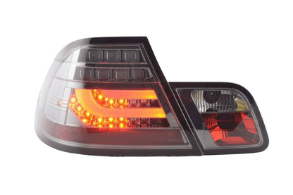 BMW 3-series E46 coupe chrome smoked LED taillights set by K2 Industries, featuring sleek design and LED lightbar for 1999-2002 models.