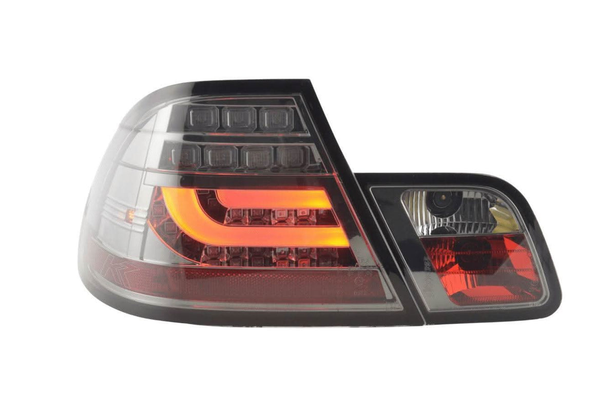 BMW 3-series E46 coupe chrome smoked LED tail light set by K2 Industries, featuring sleek design and modern lighting for model years 1999-2002.