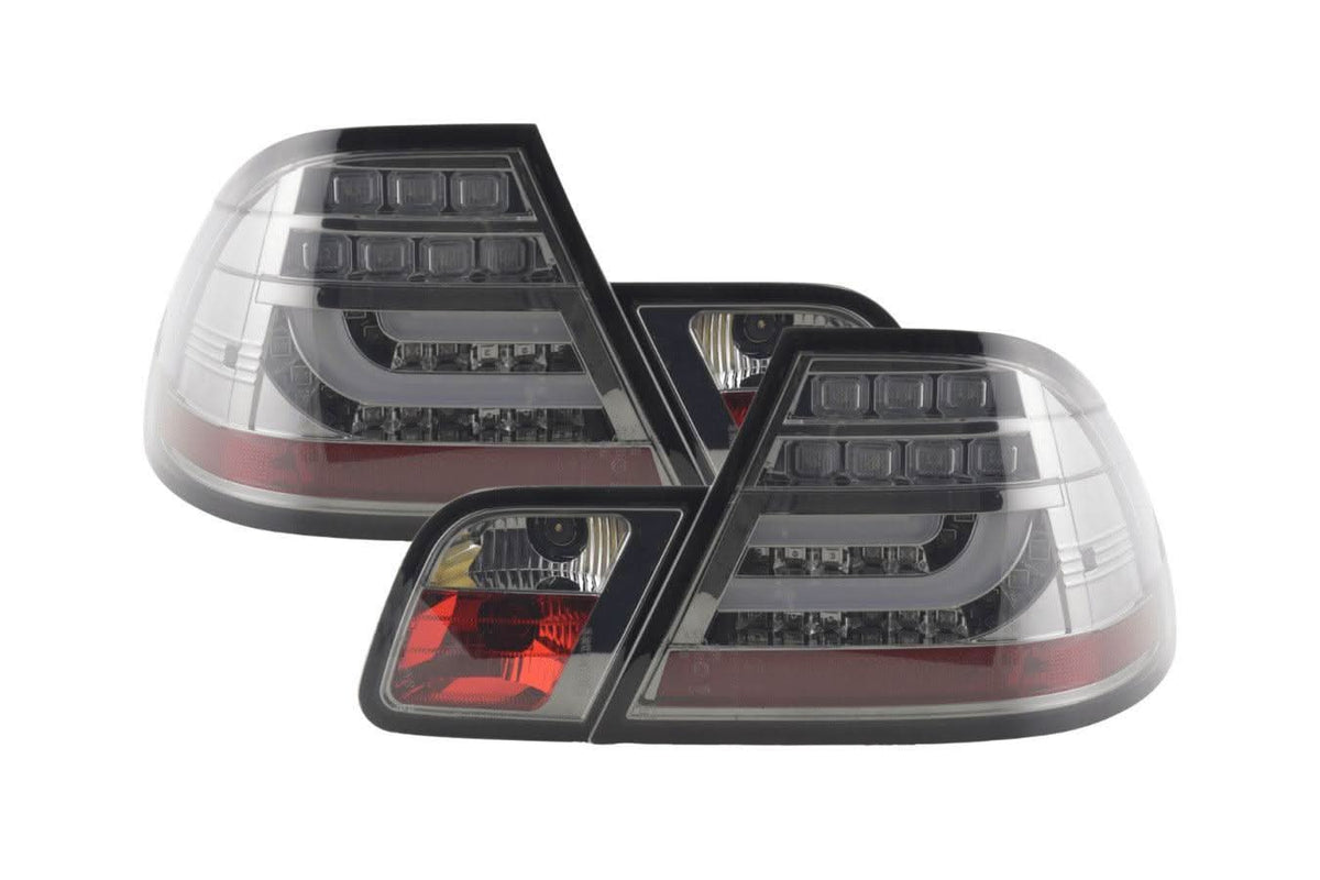 BMW 3-series E46 Coupe chrome smoked LED tail lights set by K2 Industries, showcasing sleek taillight design for 1999-2002 models.