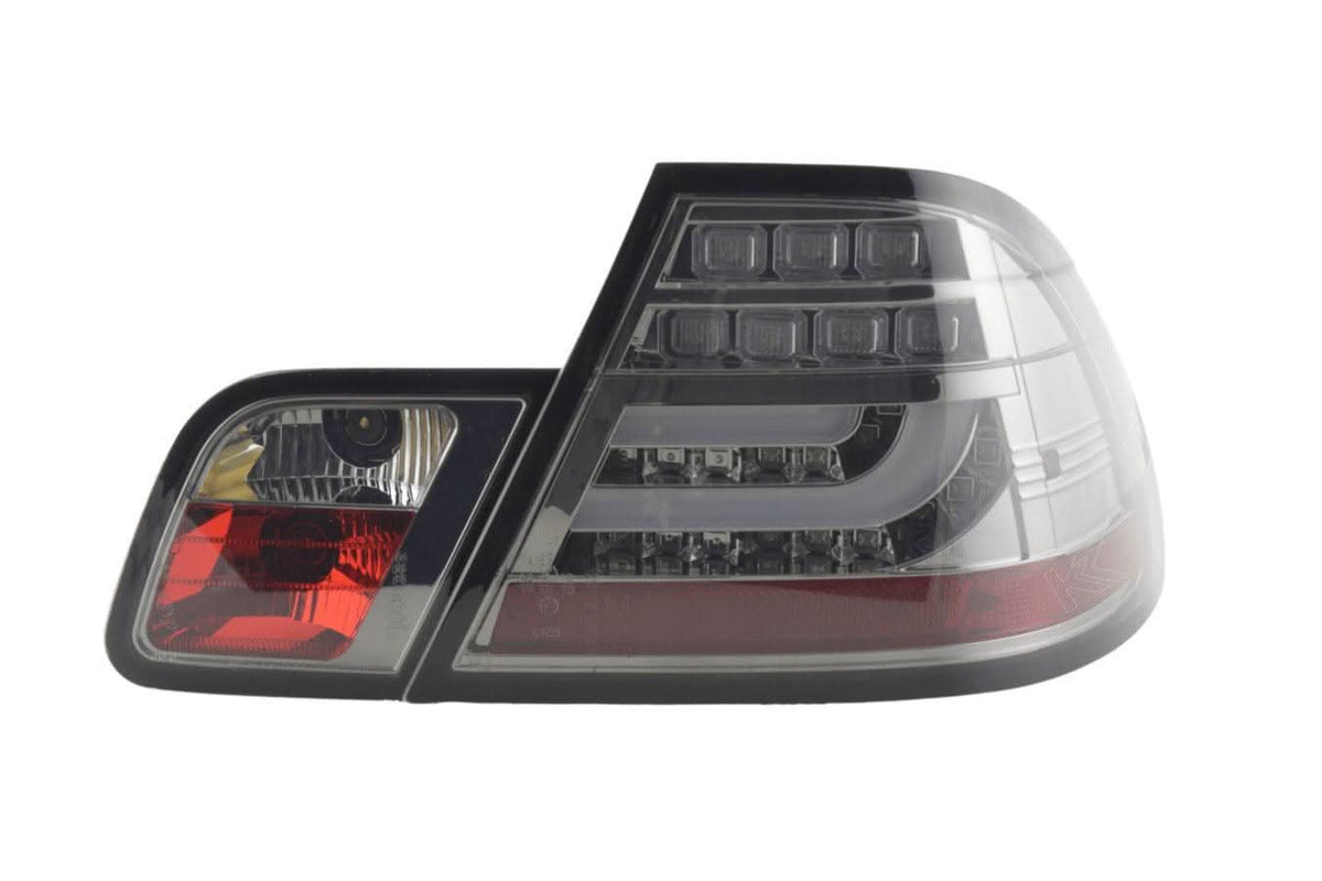 BMW 3-series E46 coupe chrome smoked LED taillights set by K2 Industries, featuring sleek tail light bar design for 1999-2002 models.