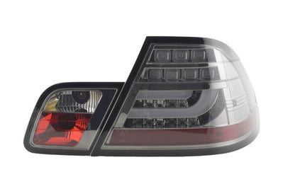 BMW 3-series E46 coupe chrome smoked LED taillights set by K2 Industries, featuring sleek tail light bar design for 1999-2002 models.