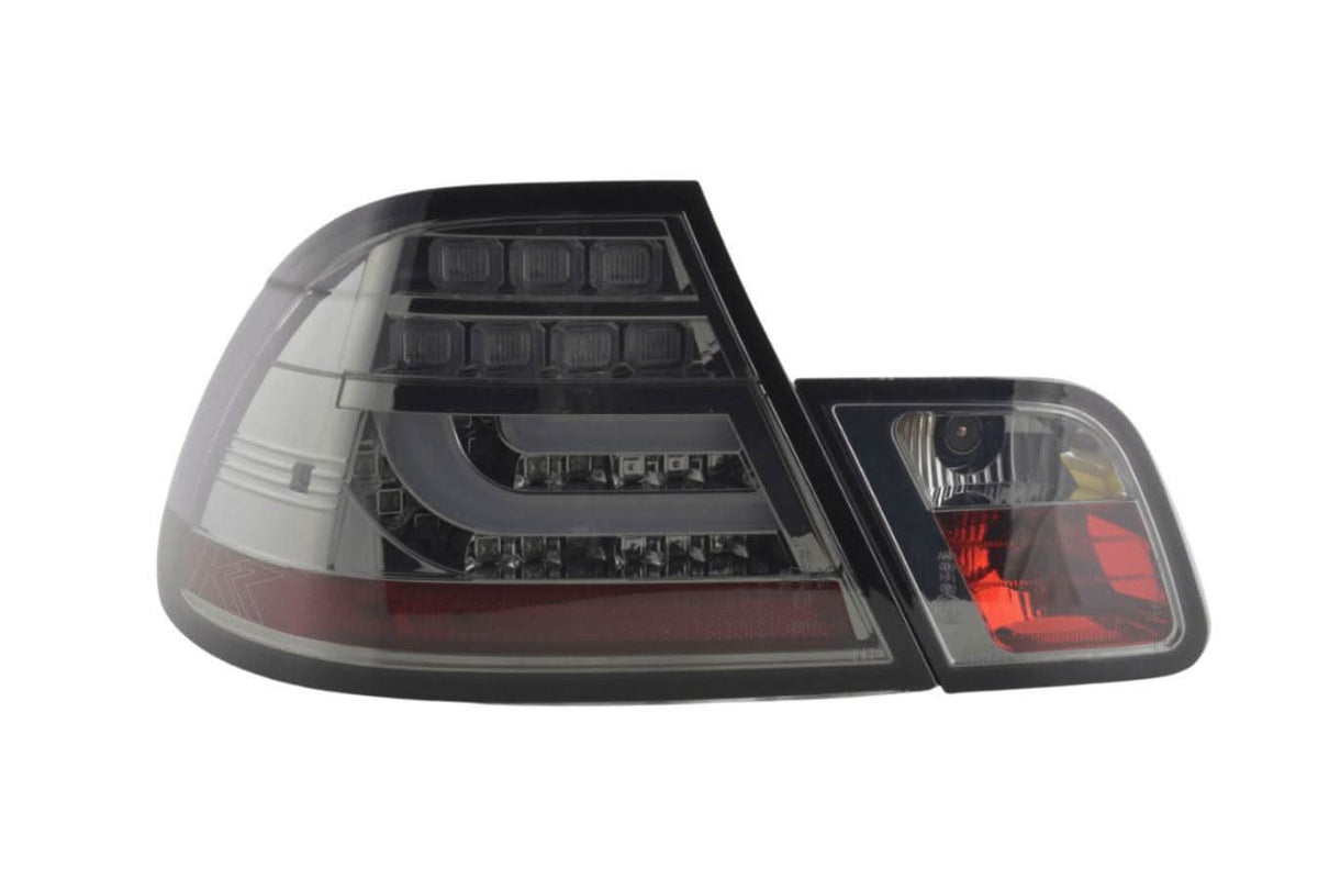 BMW 3-series E46 coupe chrome smoked LED taillights set for facelift models 2003-2007 by K2 Industries, showing the tail light assembly.