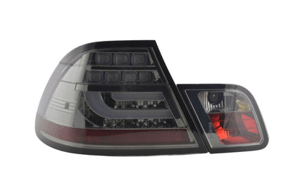 BMW 3-series E46 coupe chrome smoked LED taillights set for facelift models 2003-2007 by K2 Industries, showing the tail light assembly.