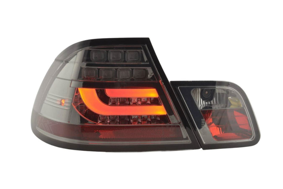 BMW 3-series E46 coupe chrome smoked LED taillight set for facelift models, featuring sleek design and clear lens details.