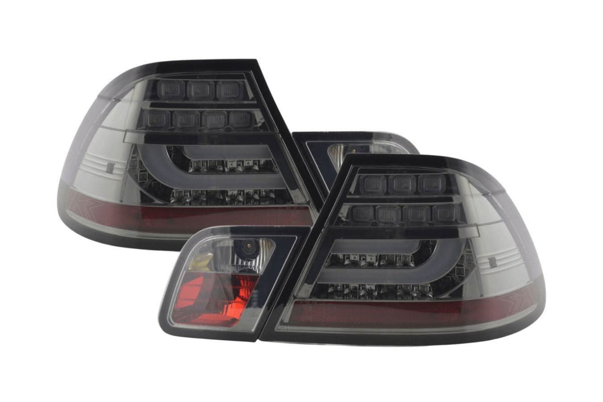 BMW 3-series E46 Coupe facelift tail lights set with chrome and smoked LED lightbar by K2 Industries, for 2003-2007 models.